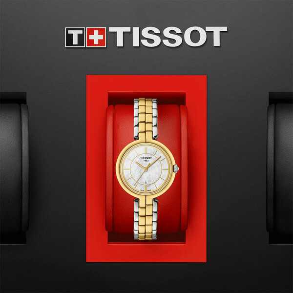 Pozłacany zegarek damski z masą perłową Tissot Flamingo T094.210.22.111.01.