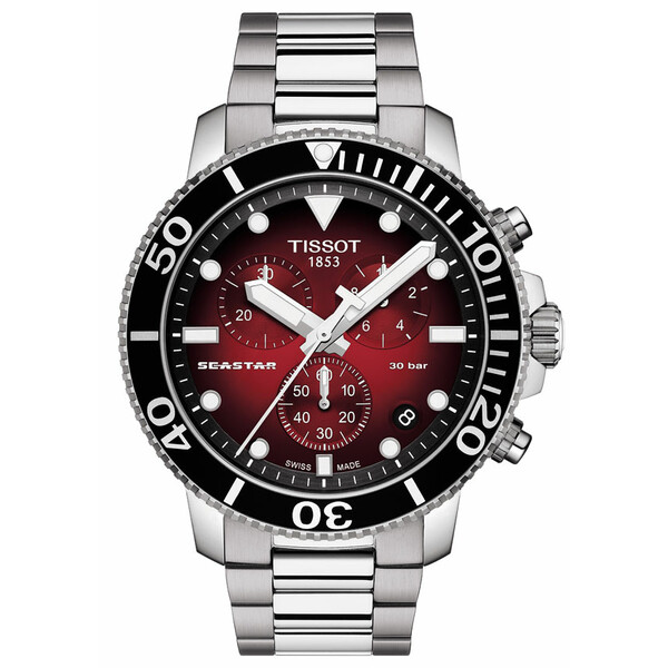 Zegarek nurkowy Tissot z czerwoną tarczą i chronografem