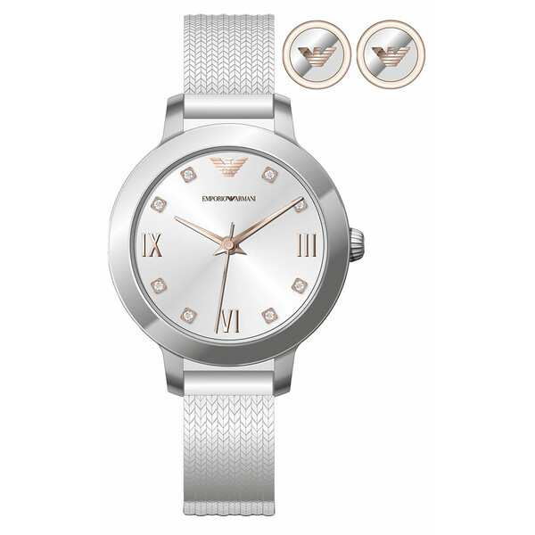 Damski zegarek stalowy z kolczykami w zestawie Emporio Armani Cleo
