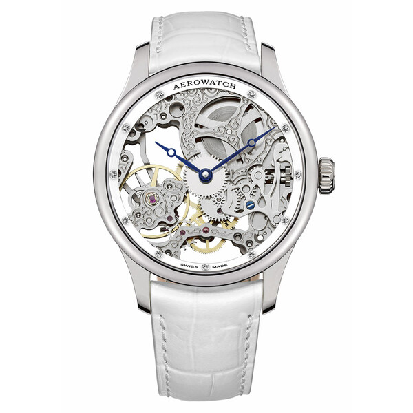 Damski zegarek szkieletowy z diamentami Aerowatch na białym pasku