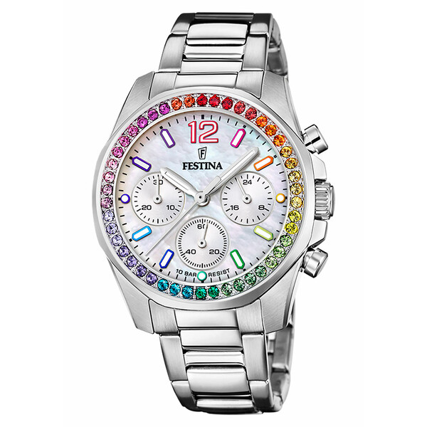 Festina Boyfriend Chronograph Rainbow zegarek damski z tęczowymi kryształkami