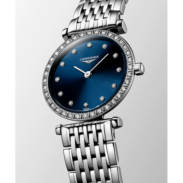 Srebrny zegarek damski z niebieską tarczą Longines