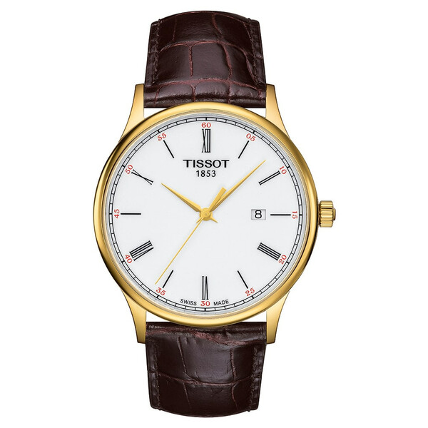 Złoty zegarek męski Tissot na pasku skórzanym brązowym