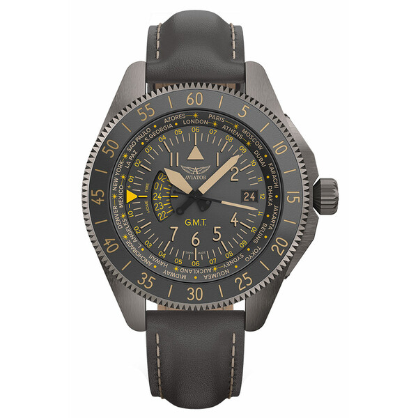 Męski zegarek pilotowy Aviator GMT na skórzanym pasku