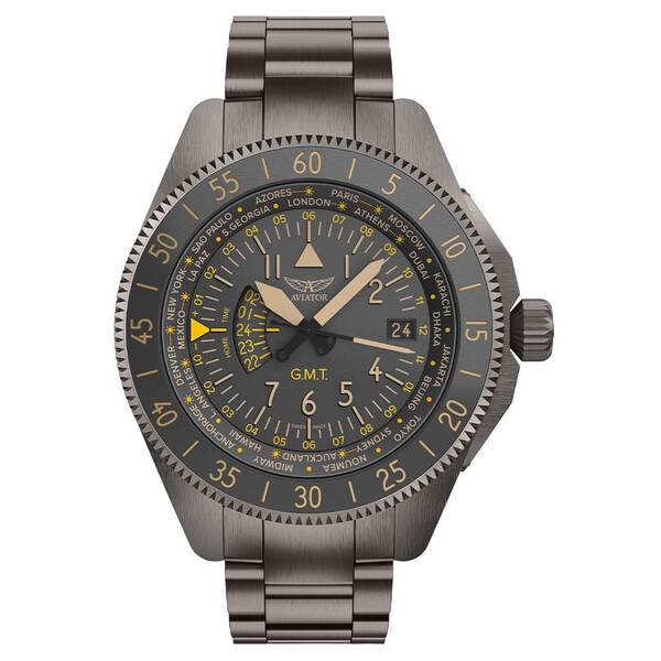 Męski zegarek Aviator GMT z szarą powłoką PVD