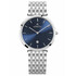 Klasyczny zegarek męski z niebieską tarczą i stalową bransoletą.